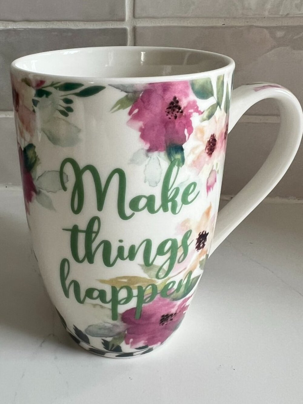 Orly Maison Make Things Happen Floral Coffee Mug Inspirational Quote Ceramic Cup